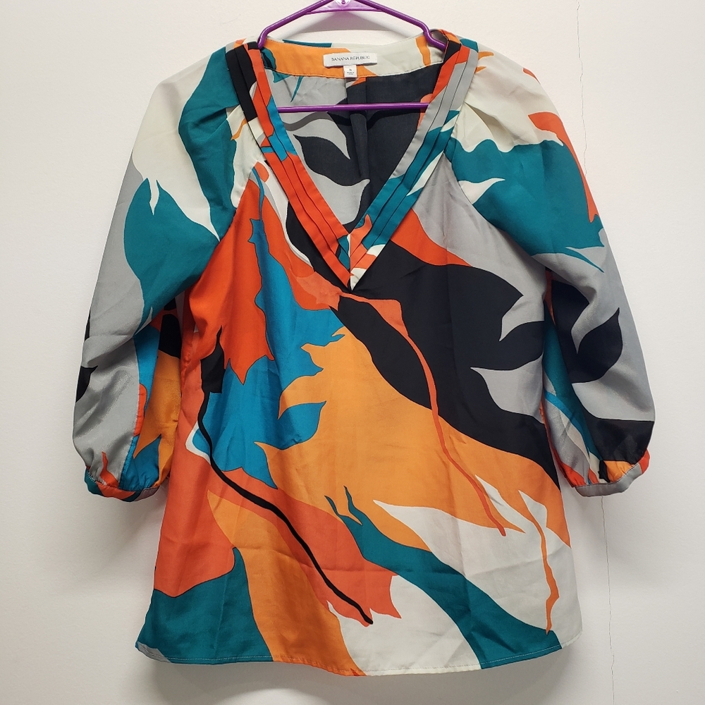 Banana Republic Blouse Vneck 3/4 Sleeve Tunic Top Small Abstract Eclectic Boho